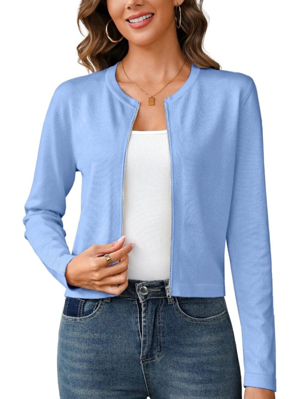 Lightweight Long Sleeve Knitted Zip-Up Cardigan Sweater - Cropped Fall Jacket